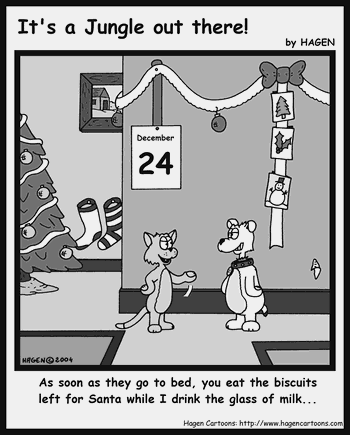 Cartoon, Cat, Dog, Santa, Christmas, Milk