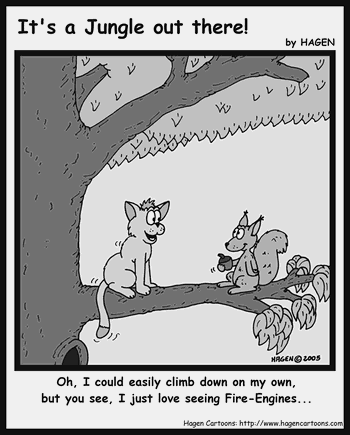 Cartoon, Cat, Tree, Firemen